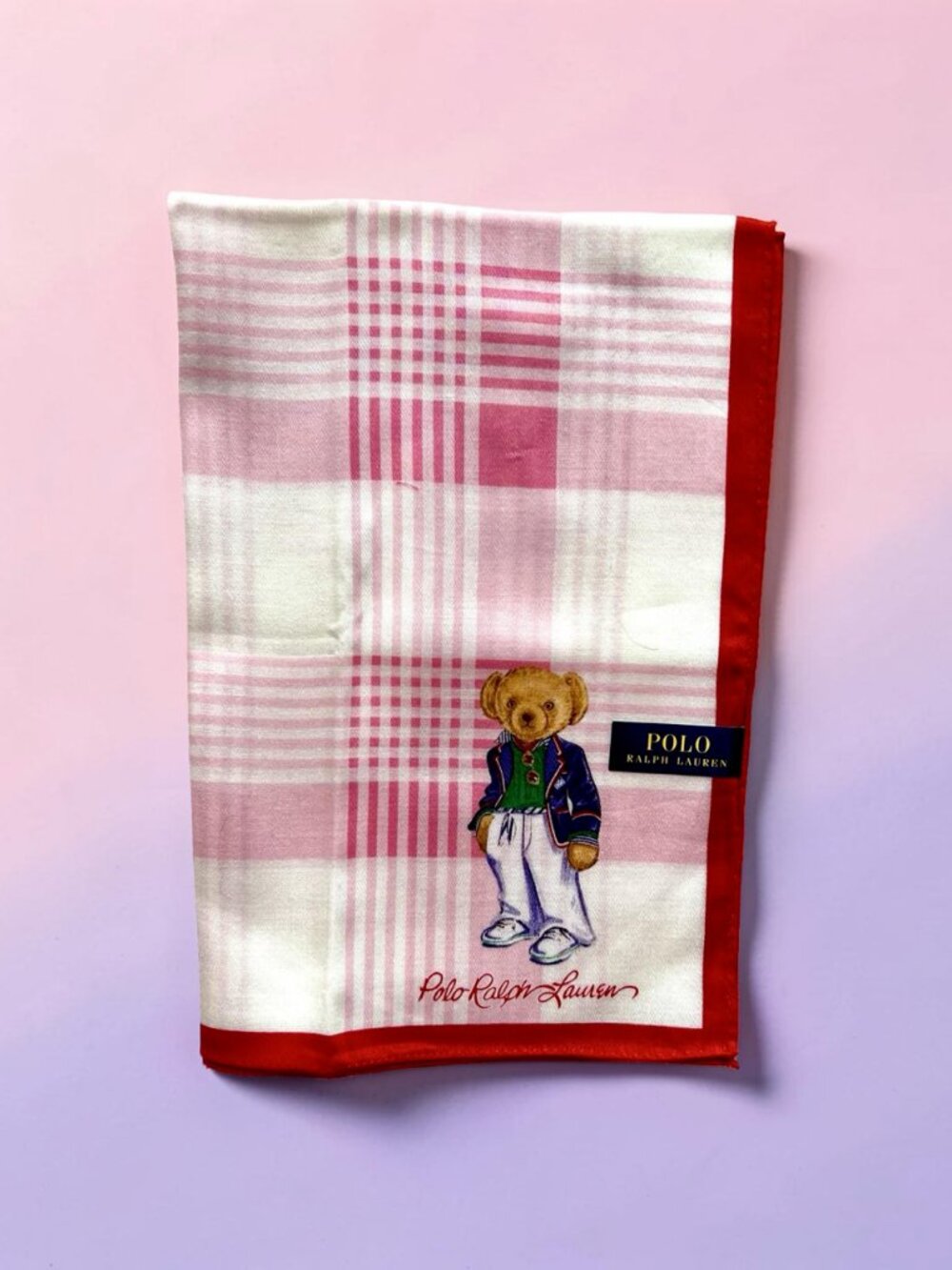 Polo Ralph Lauren Handkerchief /Mini Scarf 19" pink white check with bear(84) - Picture 13 of 14